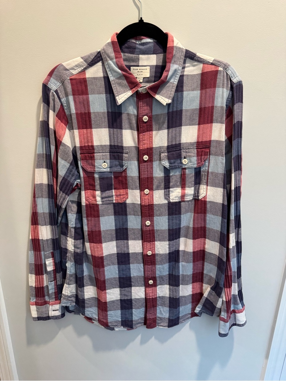 Club Monaco: Red, White & Blue Plaid Linen Blend Button-Up Shirt, Size Medium